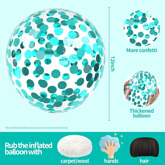 VHUWE Teal Blue Confetti Balloons 25 Pcs, 12 Inch Thickened Clear Latex Balloon - Image 2