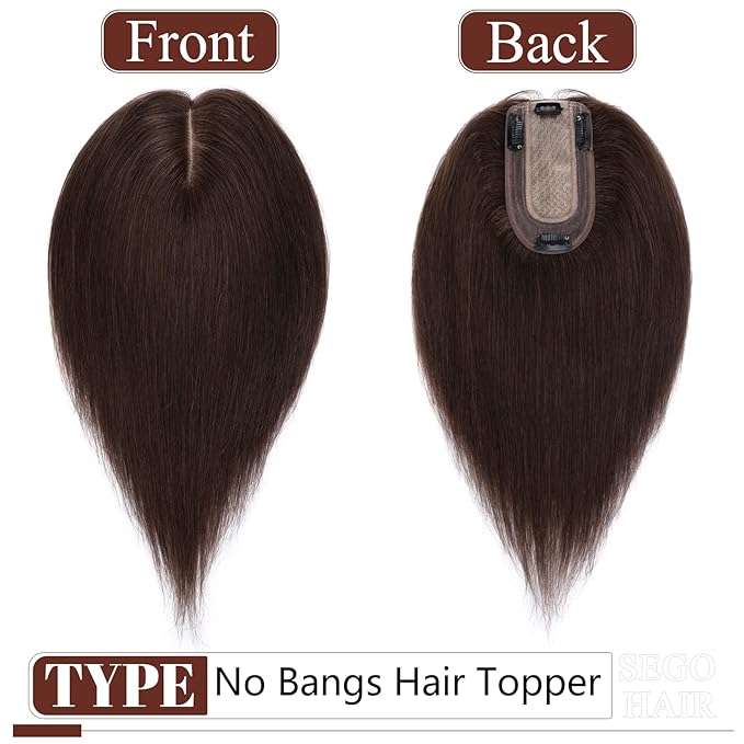 SEGO Real Human Hair Topper for Women, No Bangs Hair Topper with Anti-Slip Clips (12 Inch#2 Dark Brown)