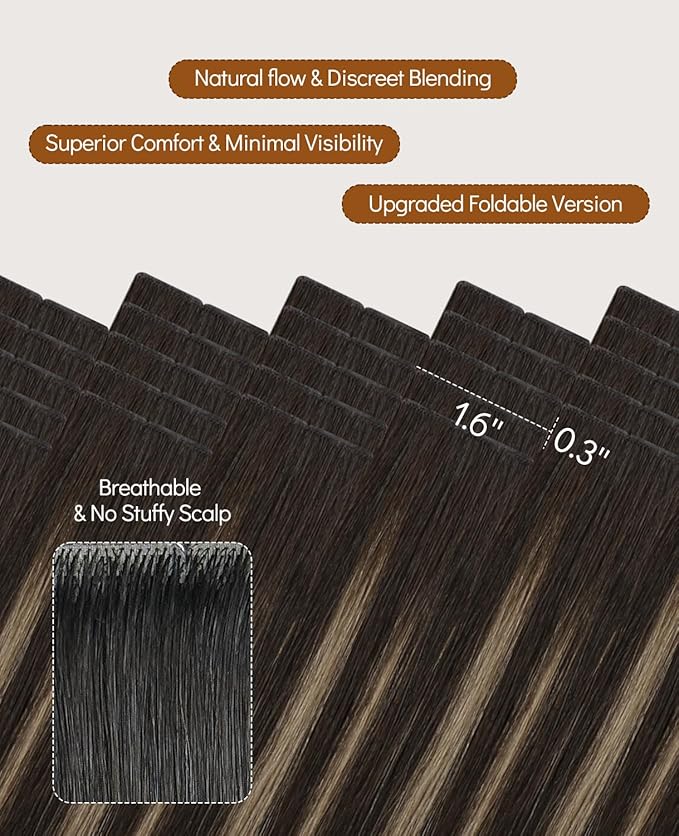 VINBAO Invisi Edge Tape in Extensions Human Hair Balayage Darkest Brown to Medium Brown Ombre Injected Tape in Hair Extensions Invisible 45g 20pcs 16inch #2/6/2