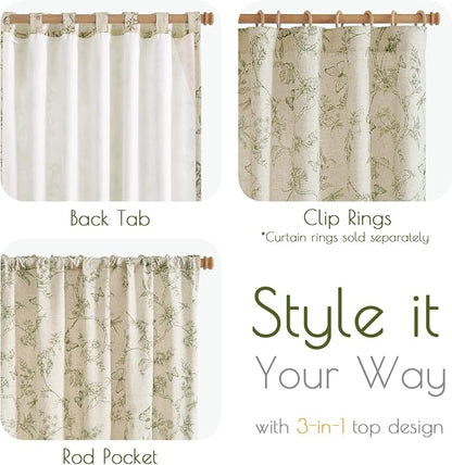 Green Floral Linen Lined Curtains Rod Pocket 50W X 90L 2 Panels | Charlotte - Image 5