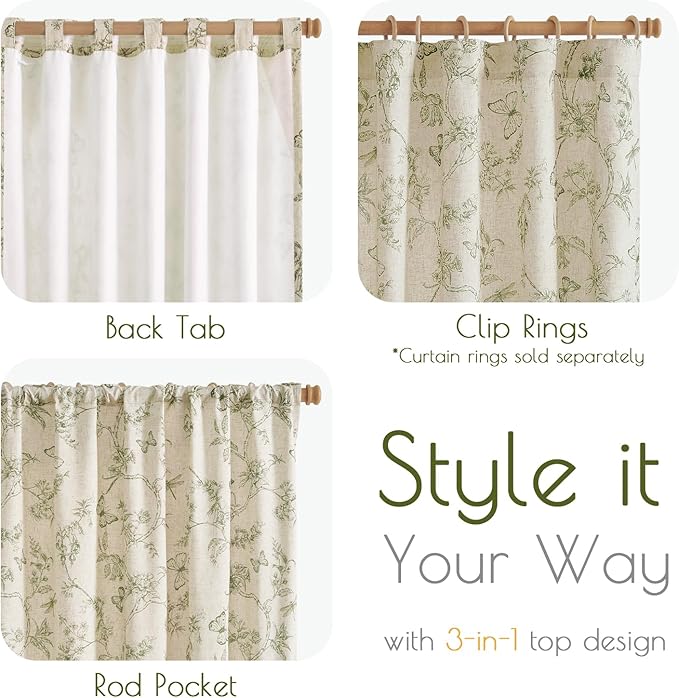 Green Floral Linen Lined Curtains Rod Pocket 50W X 84L 2 Panels | Charlotte - Image 6