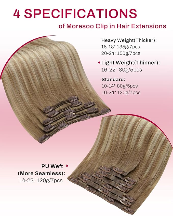 Moresoo Clip in Hair Extensions Real Human Hair Double Weft Human Hair Clip in Extensions Straight Balayage Ombre Light Brown Mixed with Golden Blonde 5pcs 80g 18inch
