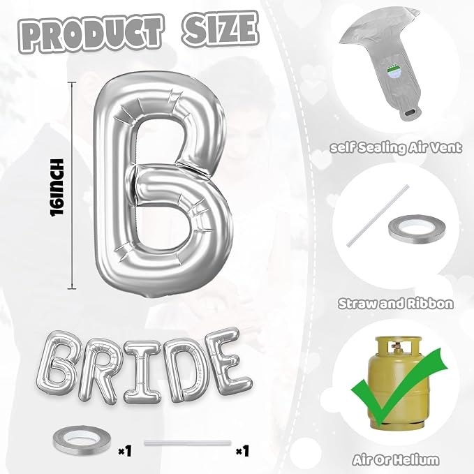 BRIDE Balloons Bachelorette, 16 inch Silver Bride Balloons - Image 2