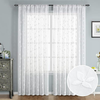 HOMEIDEAS White Sheer Curtains 2 Panels, Embroidered Vine Leaf, W52 x L84 | by HOMEIDEAS