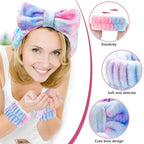 3PCS Spa Headband and Wristbands Set for Women, Soft Microfiber Face Wash Headband with Cute Bow, Elastic Absorbent Wrist Towels, Makeup Skincare Accessories for Facial, Shower, Yoga