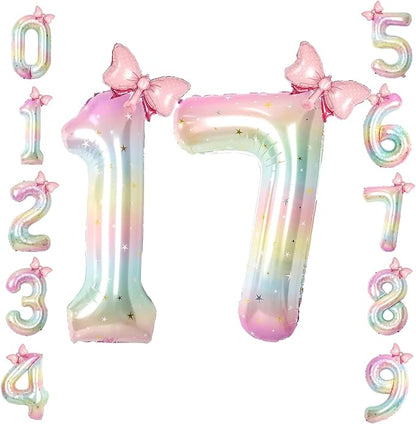 40" Giant Pastel Rainbow Number 17 Balloon Foil Pink Bow Decor Kit | by TNCDJKPA