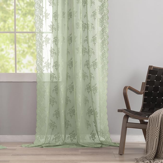 Kotile Extra Long Sage Green Floral Sheer Curtains 52 x 120 Inch, 2 Panels | - Image 6