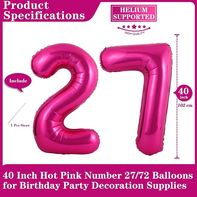 Hot Pink 27 Number Balloons, 40 Inch Giant Number 27 Balloons Foil Mylar Helium - Image 2
