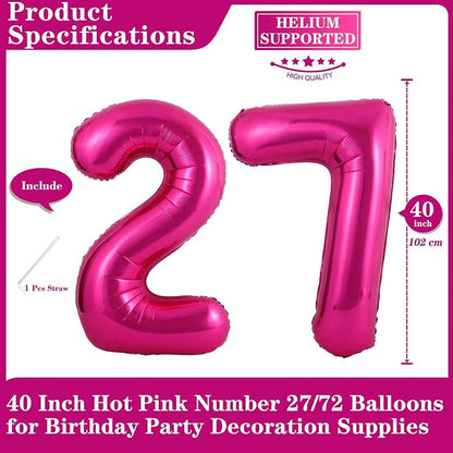 Hot Pink 27 Number Balloons, 40 Inch Giant Number 27 Balloons Foil Mylar Helium - Image 2