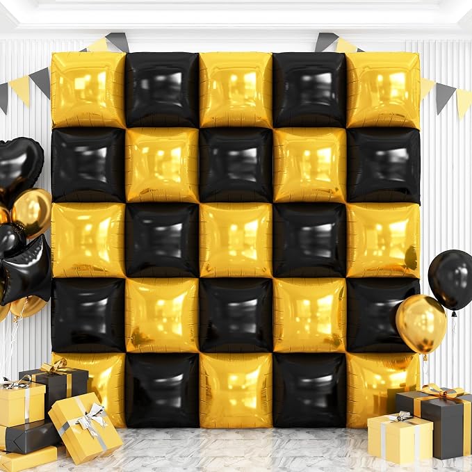 Metallic Glod and Black Square Foil Balloons Wall Tunnel Backdrop Double Sided by OTLGEUA