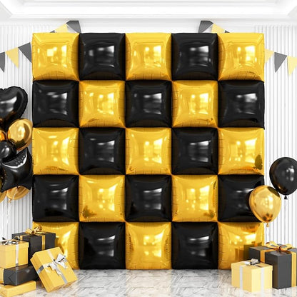 Metallic Glod and Black Square Foil Balloons Wall Tunnel Backdrop Double Sided by OTLGEUA