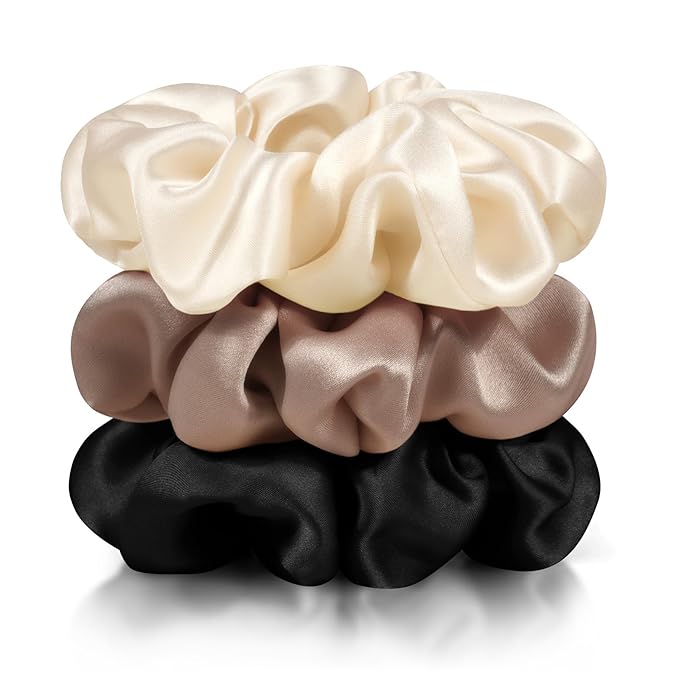 Zenssia Silk Scrunchies for Hair, Mulberry Silk Hair Ties for Women and Girls, No Damage Elastic Ponytail Holders（Black, Champagne, Coffee）