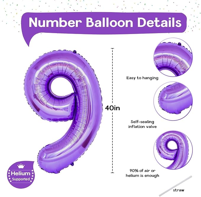 40 Inch Purple Number Balloons, Giant Self Inflating Foil 9 Years Old Birthday - Image 2