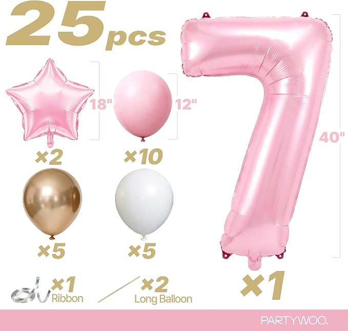 PartyWoo Number Balloons 40 Inch Pink Number 7 Kit 25pcs - Image 2
