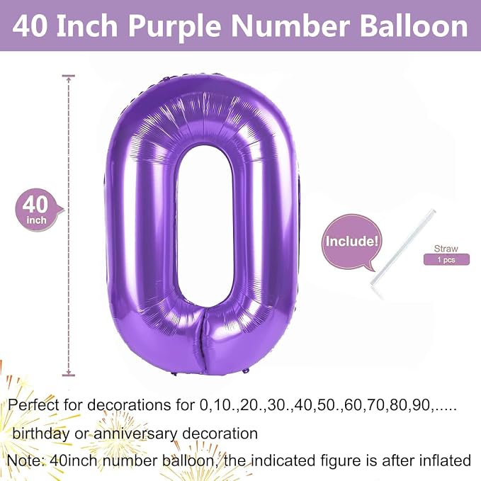 Purple Number Balloons, 40 Inch Purple Balloon 0.Birthday Decoration Children - Image 2