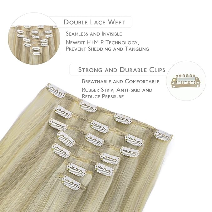 WENNALIFE Clip in Hair Extensions Real Human Hair, 22 Inch 120g 7pcs Remy Hair, Ash Blonde Highlighted Platinum Blonde Straight Natural Extensiones De Cabello Humano Con Clip Ins