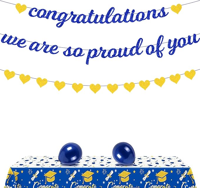 Zwiebeco Blue Gold Congratulations Banner We are So Proud of You Sign Hearts - Image 6