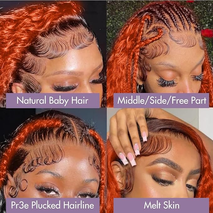250 density Deep Wave Lace Front Wigs Human Hair Pre Plucked Hairline Glueless Wigs Human for Women 13x6 HD Lace Front Wigs Ginger Orange Curly Human Hair Wig Brazilian Hair 22 Inch
