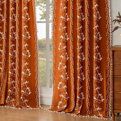 F-CHU Burnt Orange Floral Curtains Bohemian Drapes 72 Inch Length Cotton Linen by F-CHU
