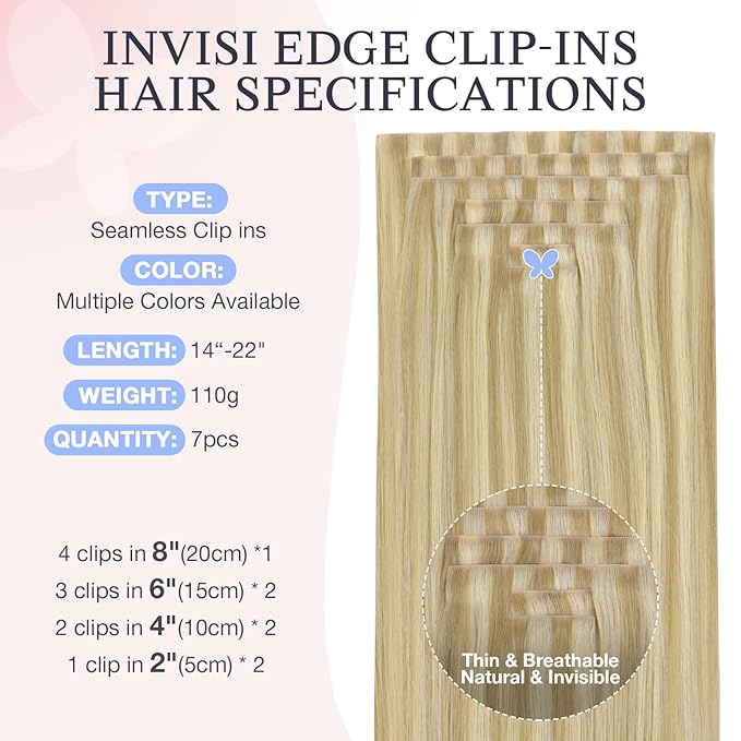 DOORES Invisible Clip in Hair Extensions 16 inch 110g 7pcs, Real Human Hair Invisi Edge Clip in Extensions, Virgin PU Clipins Straight Thickening, 16/22 Light Blonde Highlighted Golden Blonde
