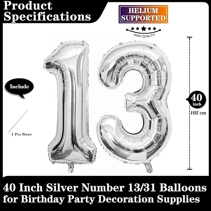 Silver 13 Number Balloons, 40 Inch Giant Number 13 Balloons Foil Mylar Helium - Image 2