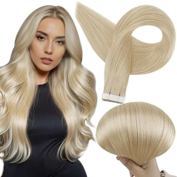 Full Shine Tape in Hair Extensions Blonde Human Hair Extensions Color 613 Tape ins Human Hair 28Inch Long Hair Extension Tape ins Seamless Remy Hair 50Gram Double Sided Tapes 20Pcs for Women
