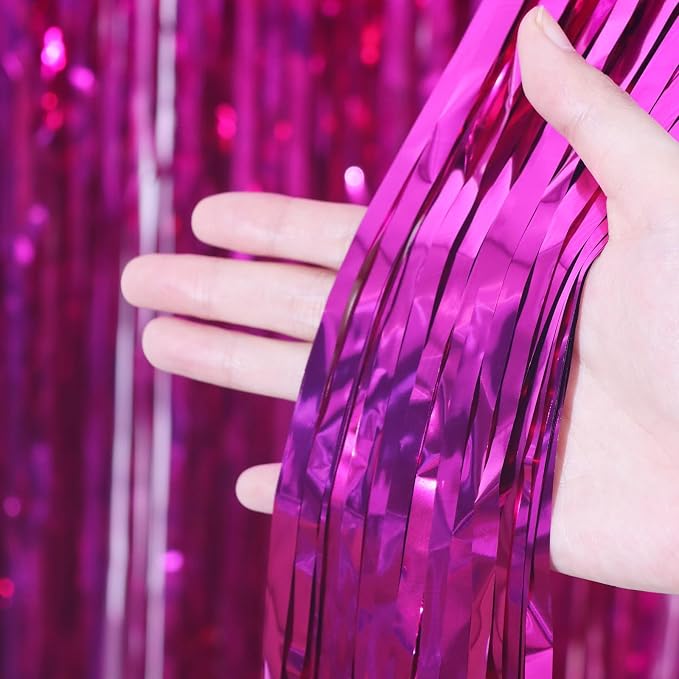Voircoloria Pink Foil Fringe Backdrop Curtains, 3 Pack | Tinsel Streamers - Image 2