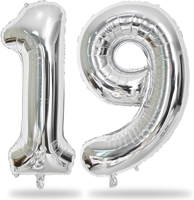 19th Birthday Balloon for Girls Boys, 40 Inch Silver Number 1 & 9 Mylar by Lingqiang