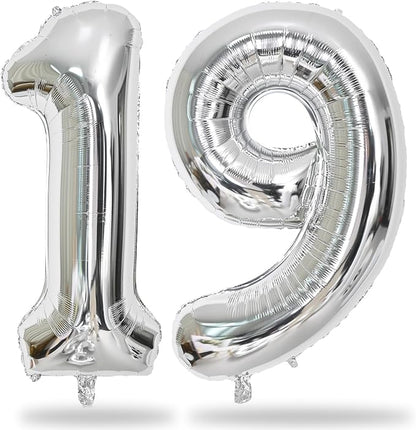 19th Birthday Balloon for Girls Boys, 40 Inch Silver Number 1 & 9 Mylar by Lingqiang