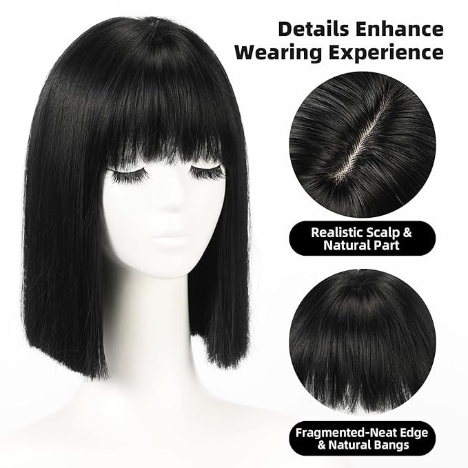 Allbell Black Wigs for Women Short Bob with Bangs Heat Resistant Synthetic Hair 12 inch for Daily Party Halloween Costume Use
