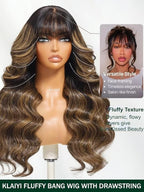 KLAIYI Ombre Brown Loose Body Wave Pre Everything Glueless 13x4 HD Lace Front Human Hair Wig with Natural Bang Highlight Balayage Brown Precut Lace Pre Plucked Bye Bye Knots Drawstring Wig 180% 24Inch