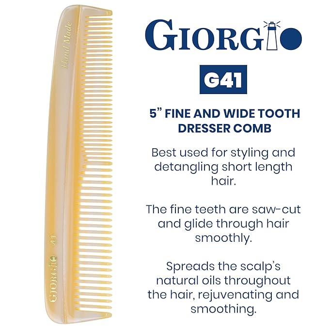Giorgio G41 Wide Tooth and Fine Tooth Pocket Comb, Hair Styling for Men, Travel Hair Comb for Women, Handmade Beard and Mustache Comb for Men, Barber Combs