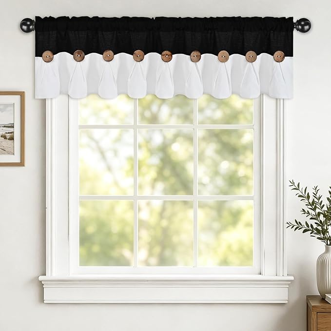 Farmhouse Valance Curtains, Boho Cotton Linen Kitchen Valance, Rustic Button by FRAMICS