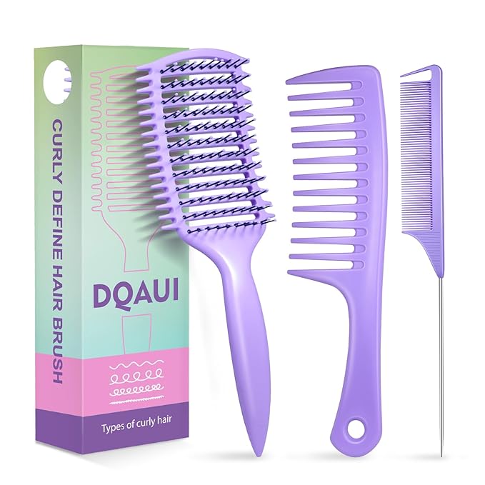 Curly Hair Brush & Curl Defining Brush – Easily Detangles Knots with Less Pulling – Styles Wet or Dry Hair, Tames Frizz for All Curl Types (Purple 3Pcs)