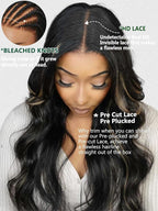 KLAIYI Bye Bye Knots Glueless Wig Human Hair 13x4 Balayage Highlight 3D Body Wave Precut Lace Front Wig with Baby Hair Black Mix Blonde Brown Pre Plucked Pre Bleached Knots Wig 30S Easy to Wear 24Inch