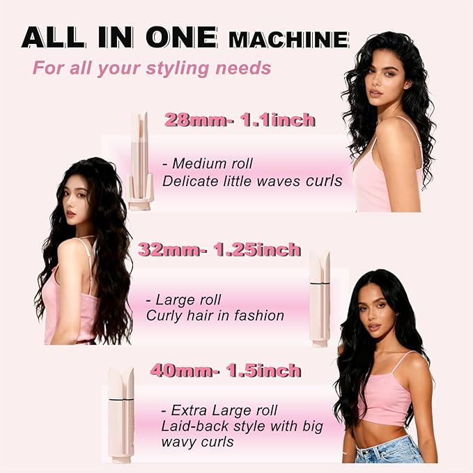3 in 1 Hair Curler Automatic Rotating - Automatic Curling Iron with 3 Curling Barrels (1.1" - 1.25" - 1.5"), Rotating Curling Iron with 3 Temp - Anti-Scald，Tangle-Free，Lightweight for Travel（Pink）