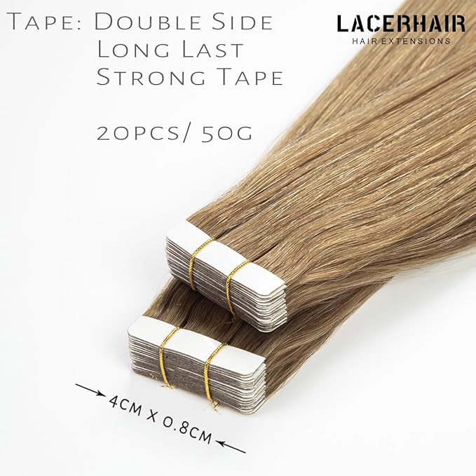 Lacer Tape In Real Human Hair Extensions, Semi-permanent Remy Human Hair for Women, 20 Pieces 50 Grams, #10 Gold Brown, 16 Inch