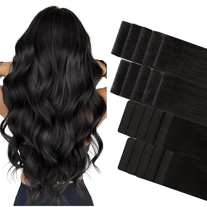 GOO GOO Invisi Edge Tape in Hair Extensions Human Hair, 1B Natural black 10pcs injected with 10pcs classical tape ins, 10inch 30g, Virgin Remy Hair, Natural Look