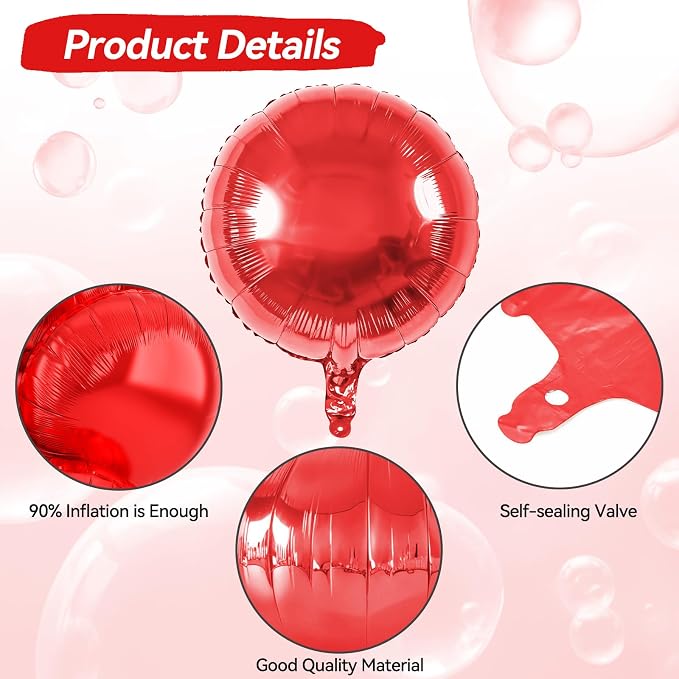 20PCS Red Round Shaped Balloons, 18 Inch Round Foil Balloon, Round Aluminum - Image 3