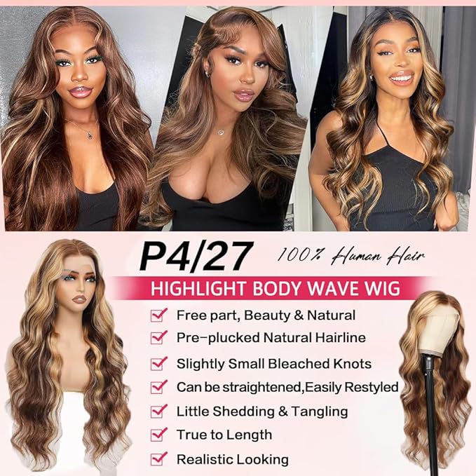 Highlight Ombre 13x6 Lace Front Body Wave Wigs Human Hair Pre Plucked 4/27Honey Blonde HD Transparent 13x6 Body Wave Frontal Wigs With Baby Hair 32Inch