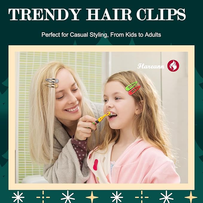 Party Snap Hair Clips by FLAREANN – 36 PCS 2 Inch Non-Slip Metal Barrettes in Glitter, Shimmer, Enamel & Metallic Finishes – Red Green Gold & Silver Hair Accessories