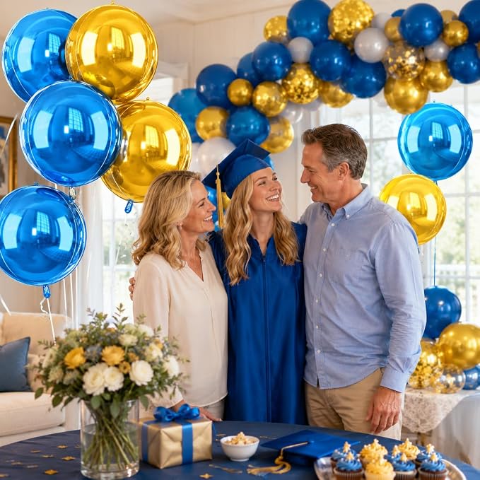 Blue an Gold Balloon Foil, 22 Inch 4D Metallic Balloons, Round Foil Balloons - Image 4