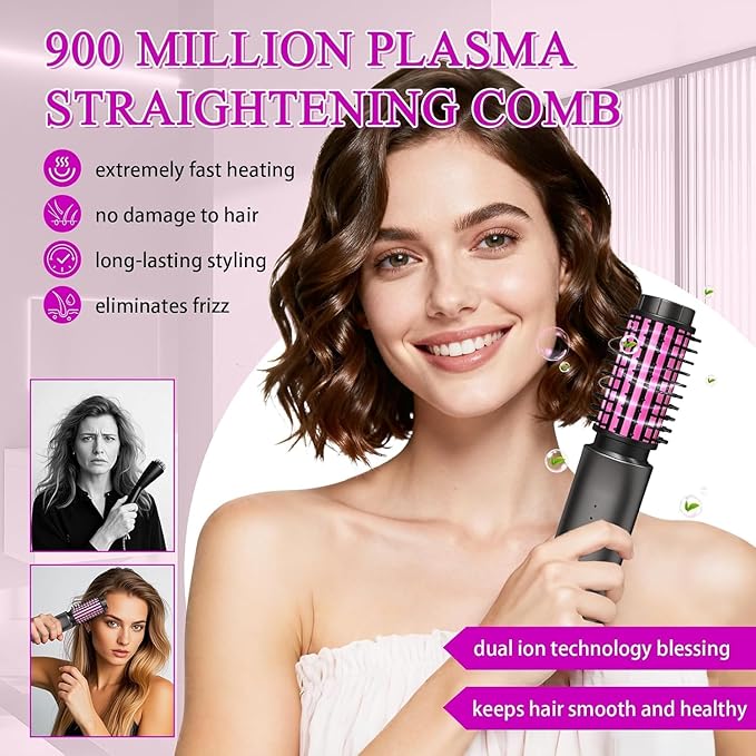 Mini Cordless Curling Iron Brush, Portable Hair Straightening Brush, Cordless Hair Curler Anti-Frizz with Negative Ions, 3-in-1 Crimper Hair Tool, Rechargeable Wave Curling Wand - Night Purple