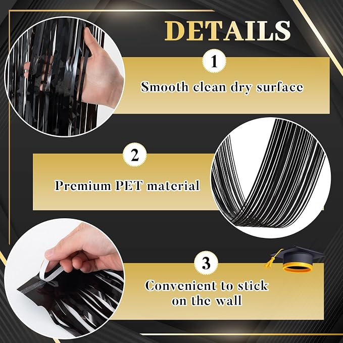 4 Pcs 15ft Black Metallic Foil Ceiling Fringe Curtains, Party Decor Fringe - Image 3