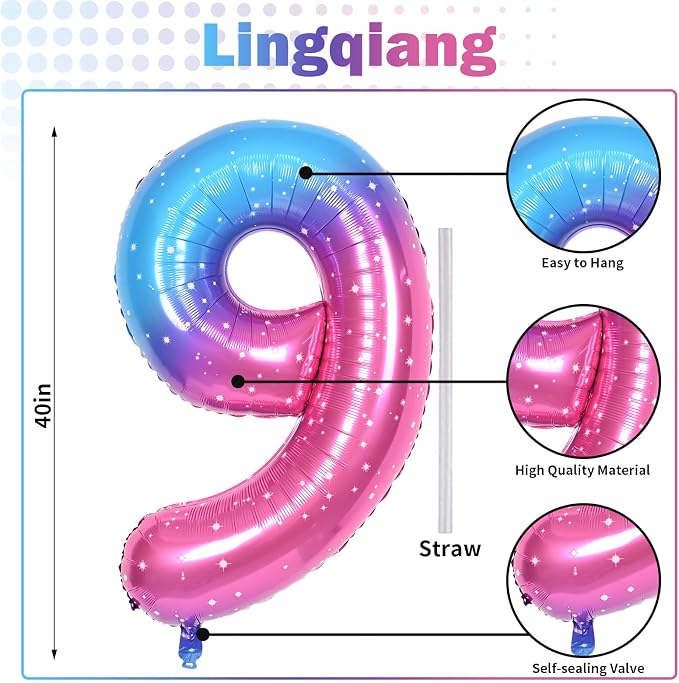 40 Inch Rainbow Gradient Balloon Number 9 Beige, Large Blue Pink Purple Foil - Image 2