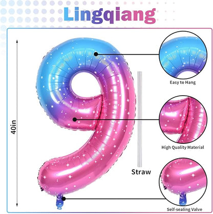 40 Inch Rainbow Gradient Balloon Number 9 Beige, Large Blue Pink Purple Foil - Image 2