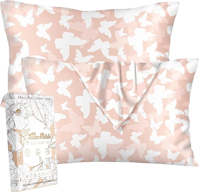 2 Pack Mulberry Silk Pillowcase for Hair and Skin - Queen Size 20 x 30 Inches with Hidden Zipper PK Butterfly 19 Momme Soft Sleeping Silk Pillow Case for Women, Moms