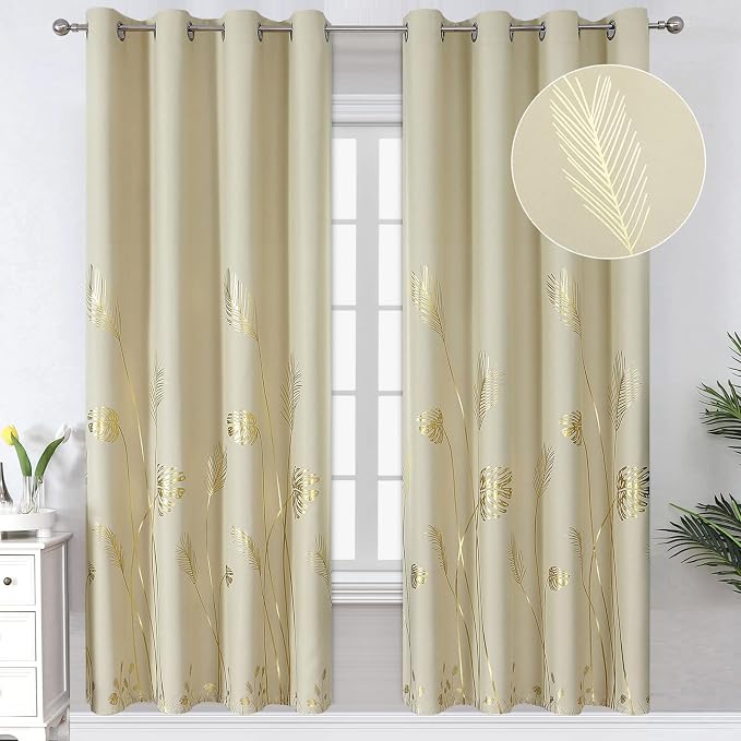 Tropical Leaves Window Curtains Grommet Gold Palm Tree Blackout Curtains Window by ESTELARTEXTILER
