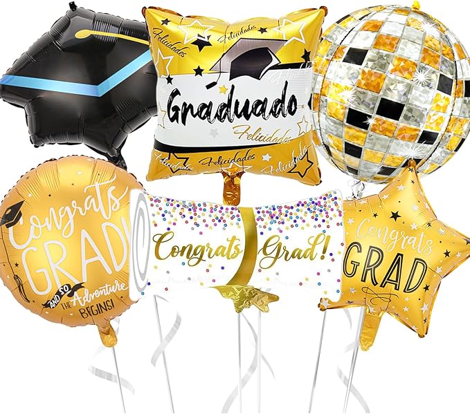 6PCS Graduation Foil Balloons, Large Congrats Grad Cap Balloon Set, by BIAPIAN