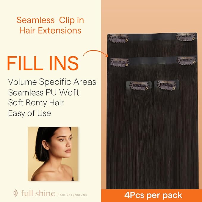 Full Shine Seamless Clip in Hair Extensions Real Human Hair, Color 2 Brown Thinning Hair Fill in Extensions, PU Weft Remy Hair Extensions Clip ins for Women, Dark Brown 4Pcs16Inch 65g